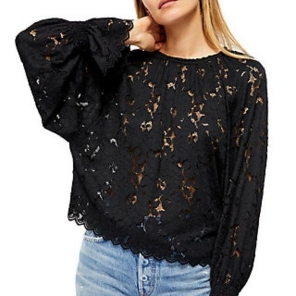 Free People Tops - Free People Black Lace Relaxed Sheer Blouse XS